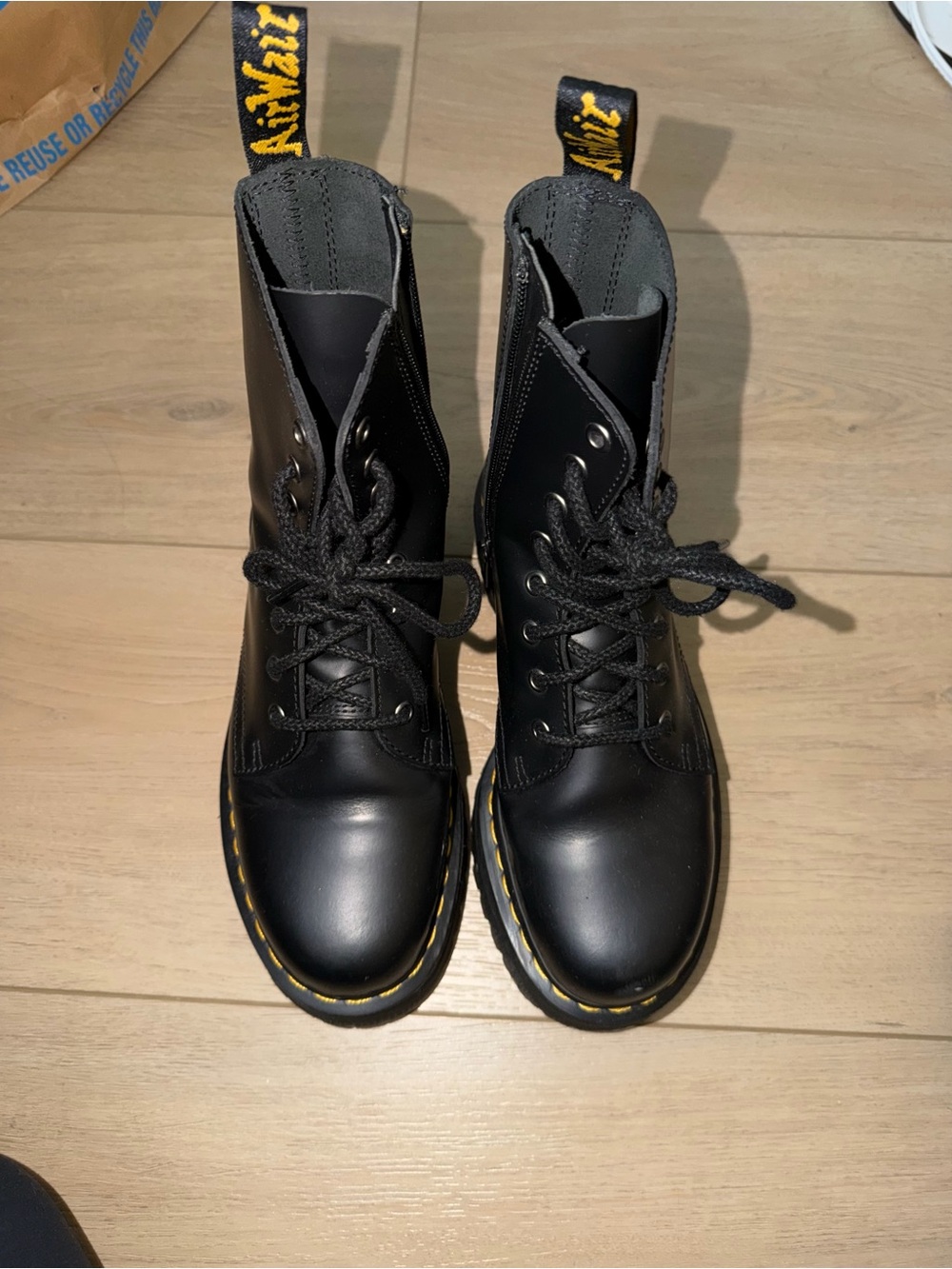 Dr. Martens Black Leather Lace-Up Combat Boots with Yellow Stitching